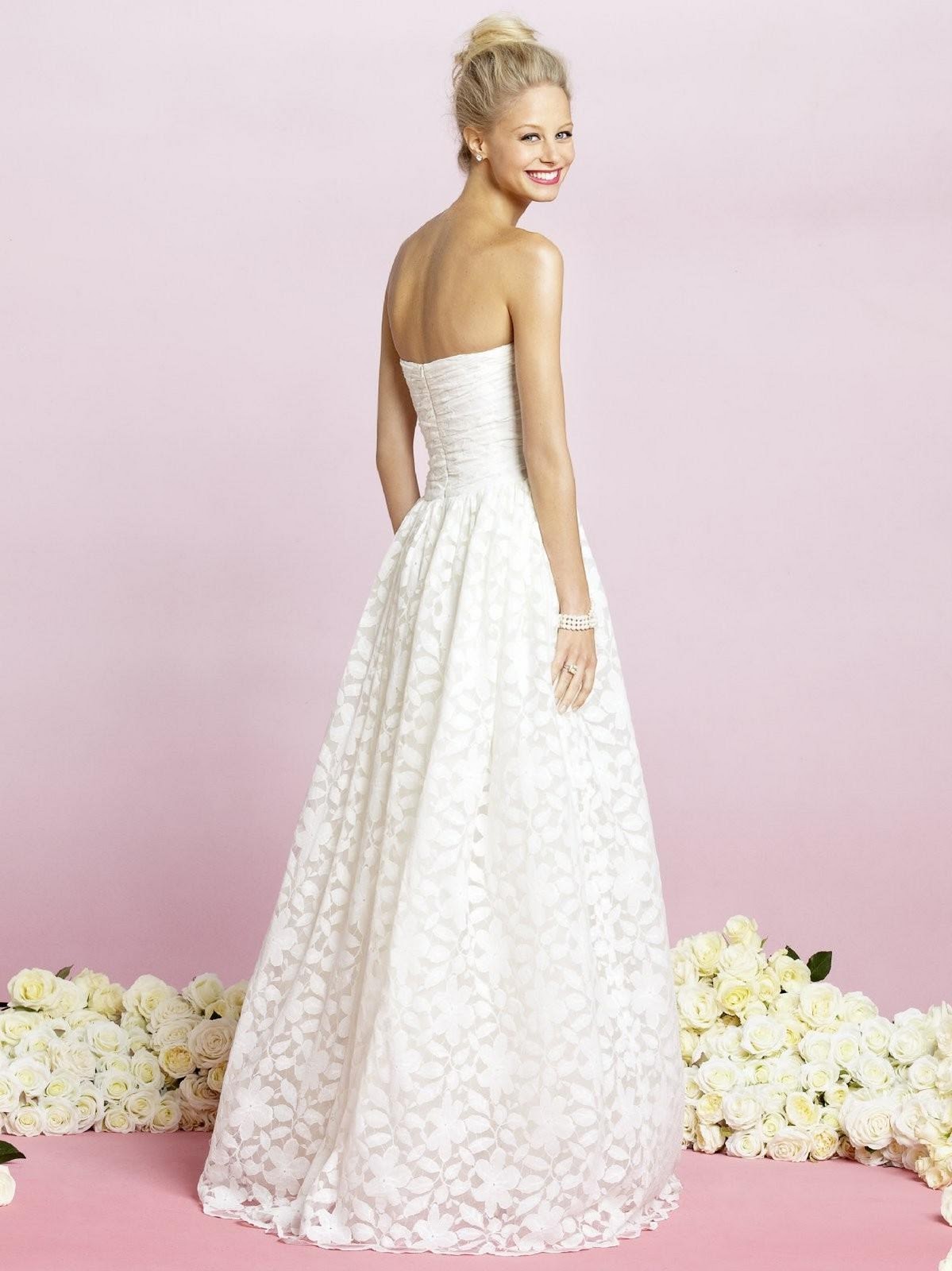 Full A Line Strapless Floor-length Lace Wedding Dress with Shirred Bodice