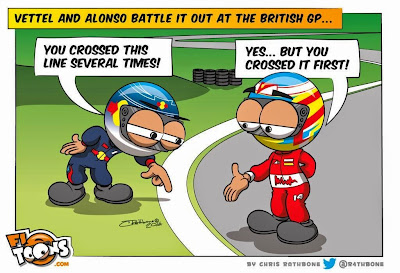 Себастьян Феттель и Фернандо Алонсо спорят о белой линии - комикс Chris Rathbone по Гран-при Великобритании 2014