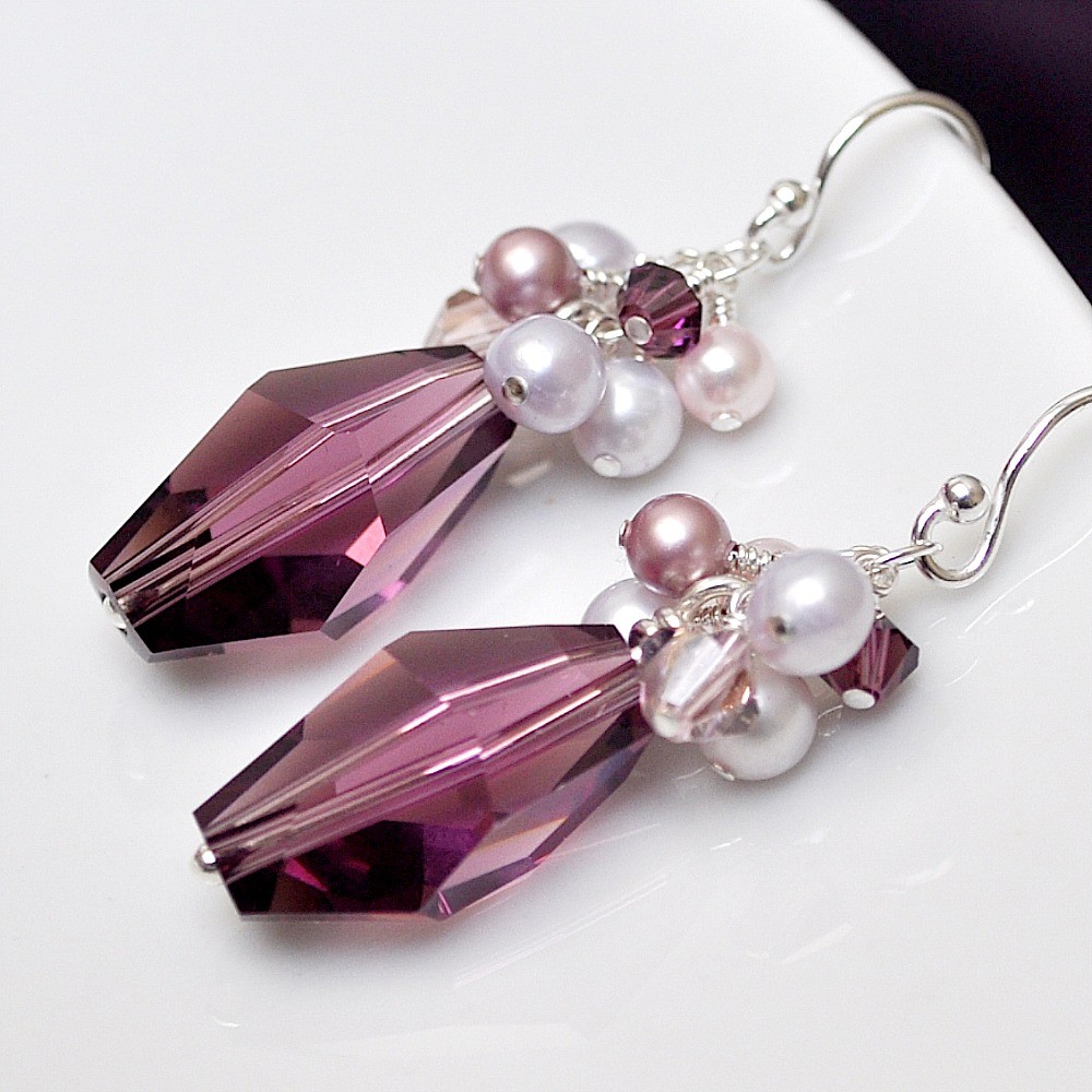 Purple Crystal Bridesmaid Earrings. Amethyst Pearl Wedding Jewelry.