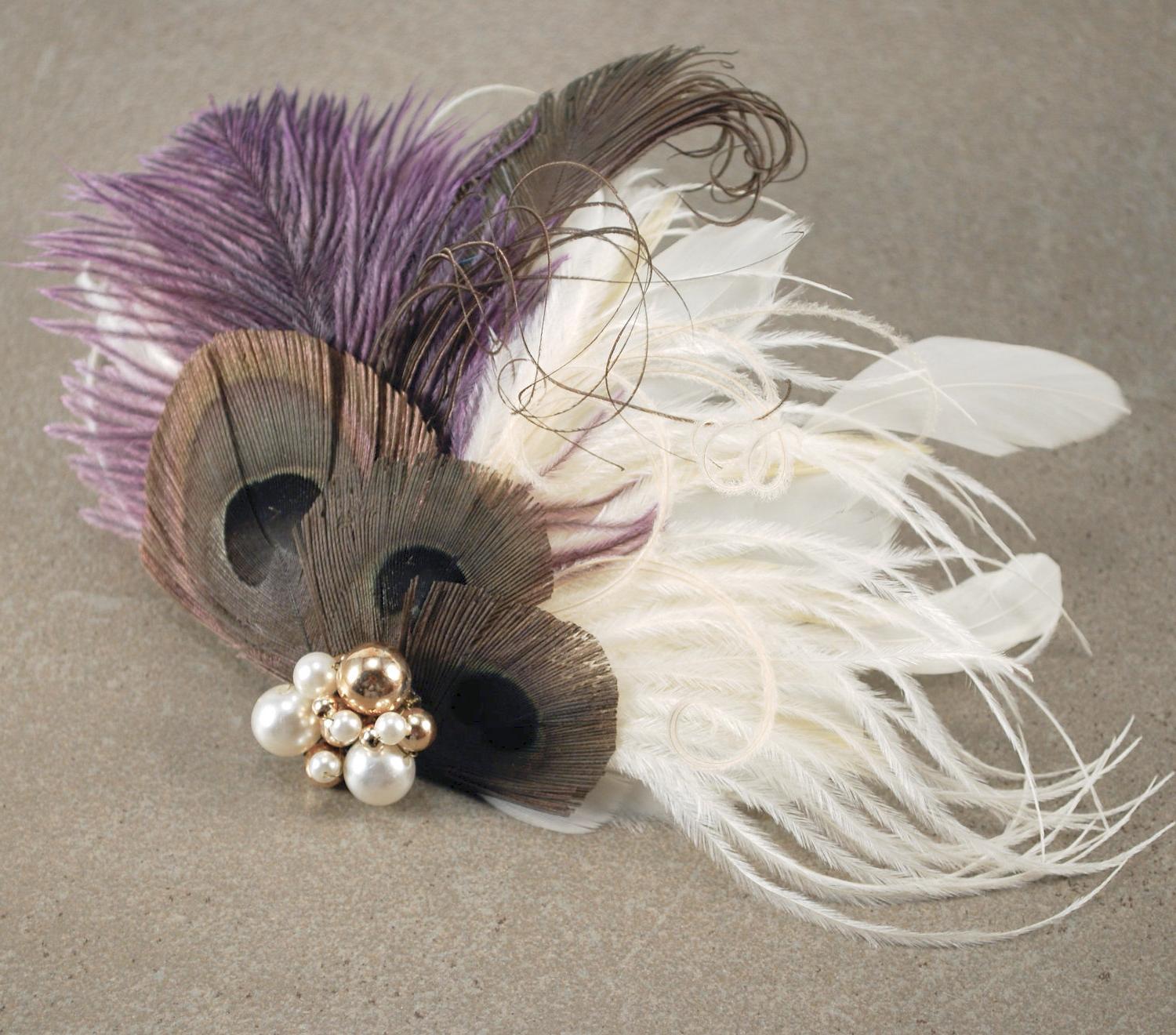 Eggplant Purple and Brown Peacock Feather Fascinator Bridal Headpiece