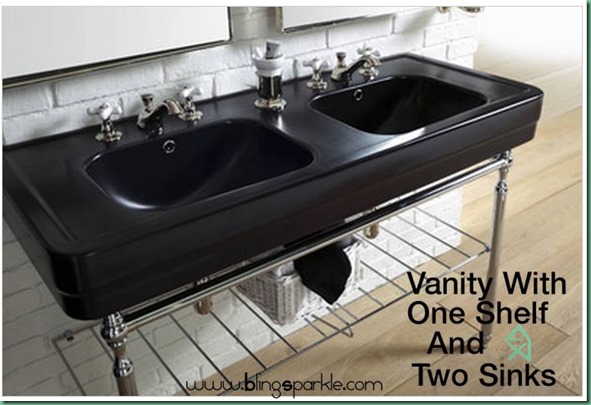 vanity with one shelf and two sinks..small bathroom