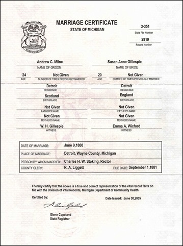 Milne_Andrew-Gillespie_Susan_Marriage cert 1880-Detroit