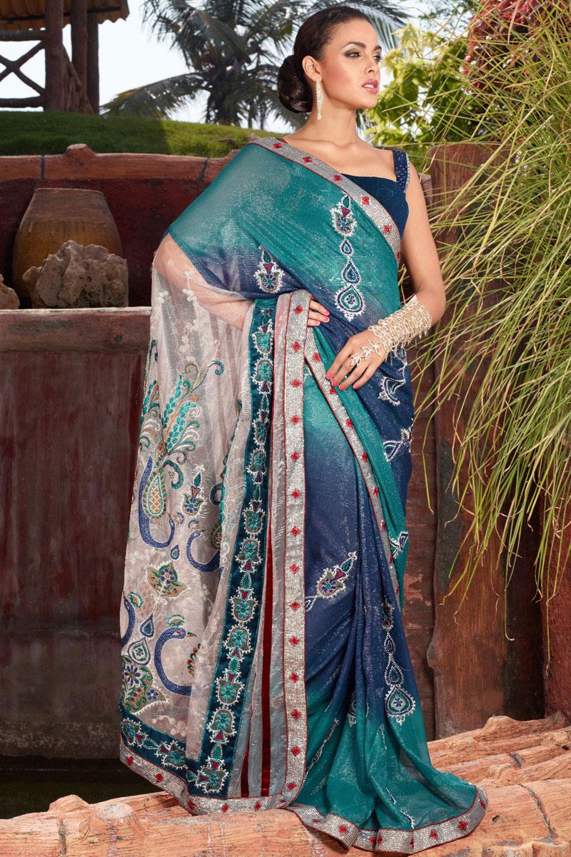 Bondi Blue and Yale Blue Wedding and Festival Embroidered Saree   137.00