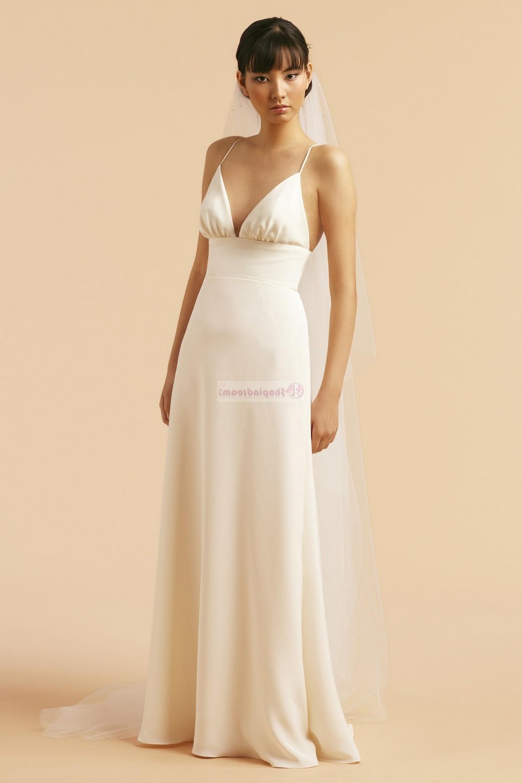 Go Back ProductA-line strap draped satin long ivory wedding dress
