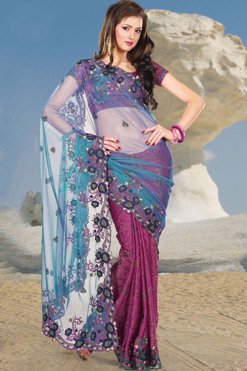 Bondi Blue and Purple Wedding and Festival Embroidered Saree   87.00