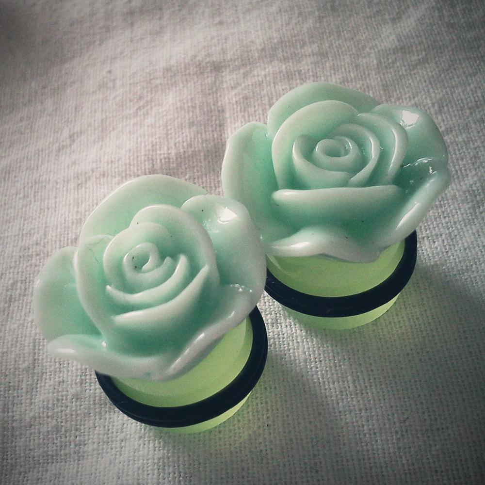 1 2 inch 12mm Plugs Mint Green Rose for stretched ears Flower Wedding