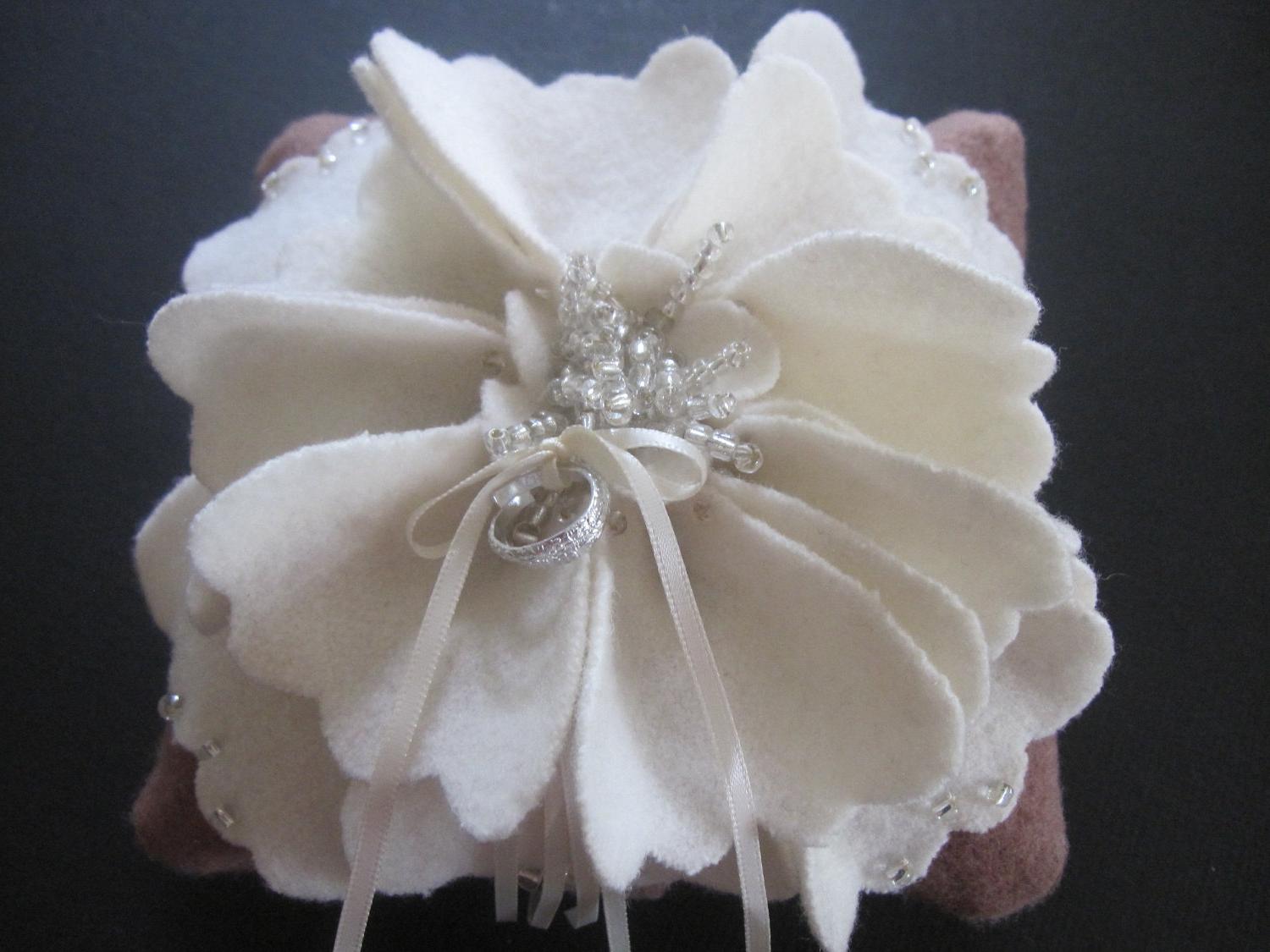 Wedding Ring Pillow Bearer Peony Flower Ivory Brown. From ArtisanFeltStudio
