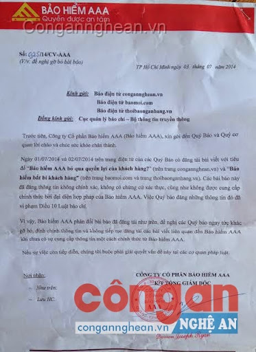 Công văn của Bảo hiểm AAA yêu cầu Báo Công an Nghệ An “ngay tức khắc gỡ bỏ” bài viết theo kiểu thách thức