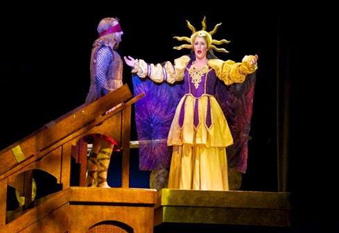 IN PERFORMANCE: (left to right) Brent Byhre as Orion and Lydia Pion as Eos in UNCG Opera Theatre's production of Philip Glass's GALILEO GALILEI, April 2015 [Photo by Amy Holroyd, © by UNCG Opera Theatre]