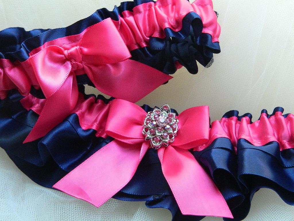 Wedding garter set navy blue and hot pink satin with jewel