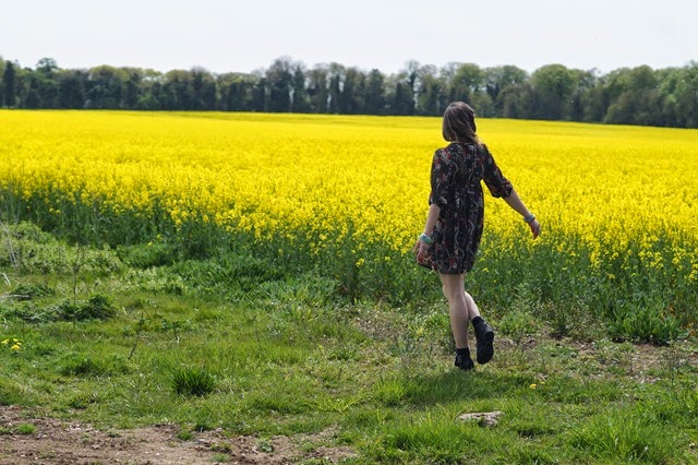 girl wearing a dress in yellow field