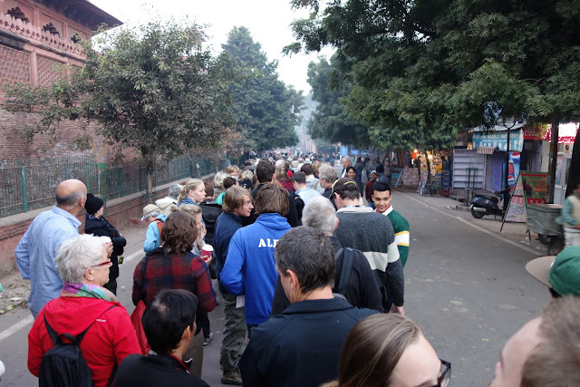 The early morning line waiting to get into the East Gate of the Taj Mahal.