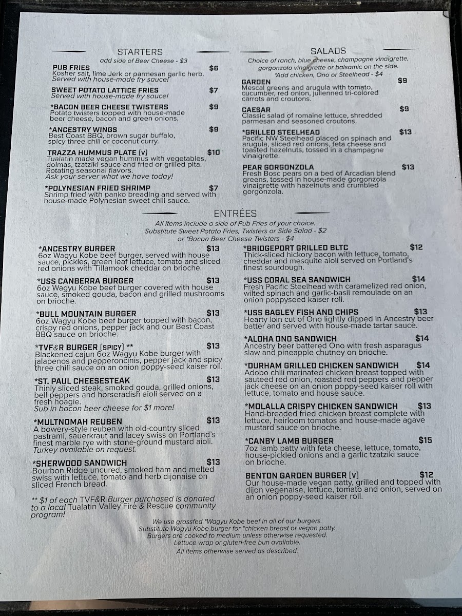 Ancestry Brewing gluten-free menu