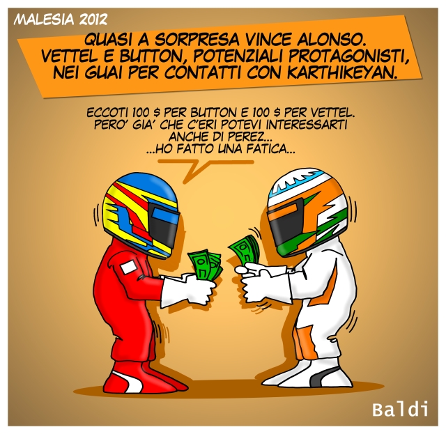 Фернандо Алонсо рассчитывается с Нараином Картикеяном после гонки на Гран-при Малайзии 2012 - комикс Baldi