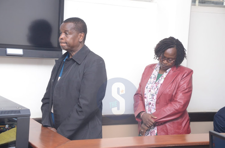 David Maina Kiama and Mwangi Wa Iria's wife Jane Waigwe Kimani before Anti-corruption court magistrate Victor Wakumile on May 7, 2024