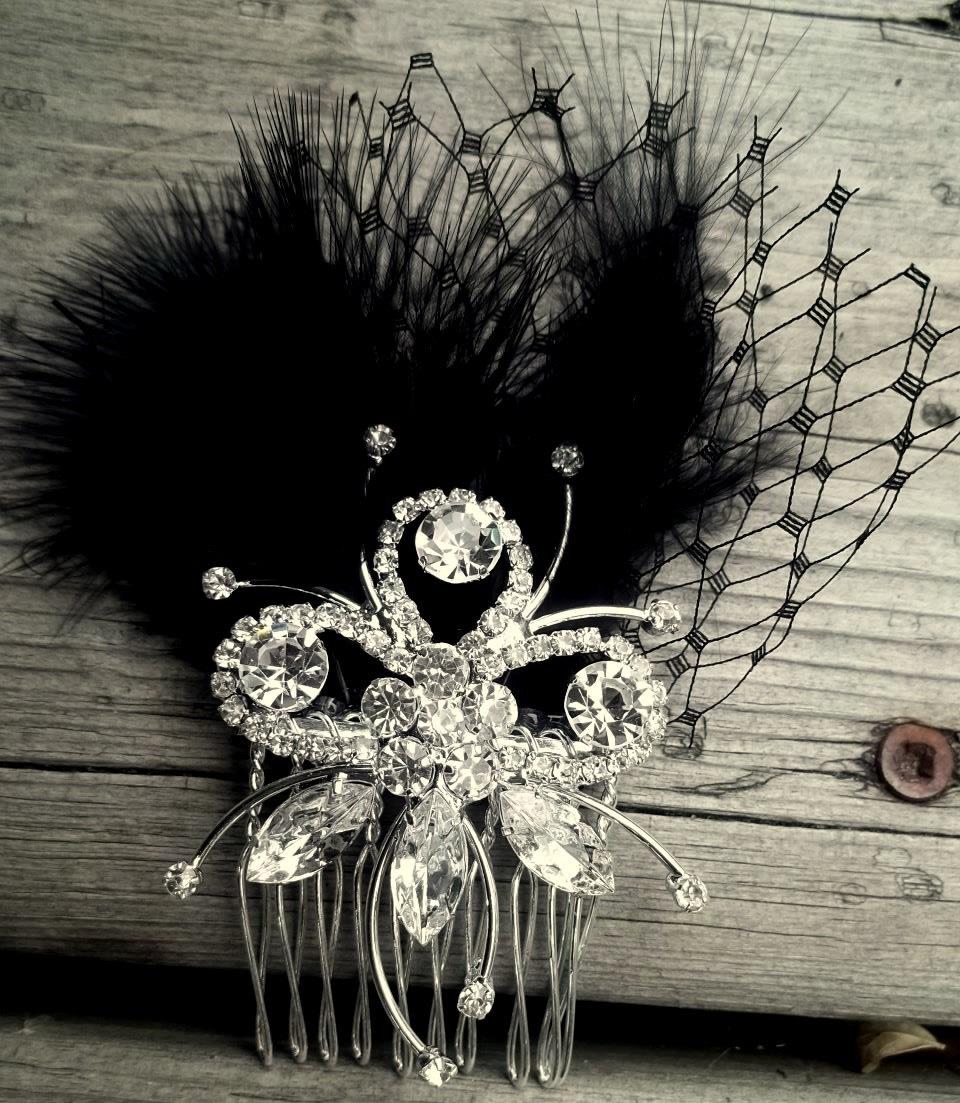 Black feather fascinator with sparkling rhinestone comb, bridal wedding