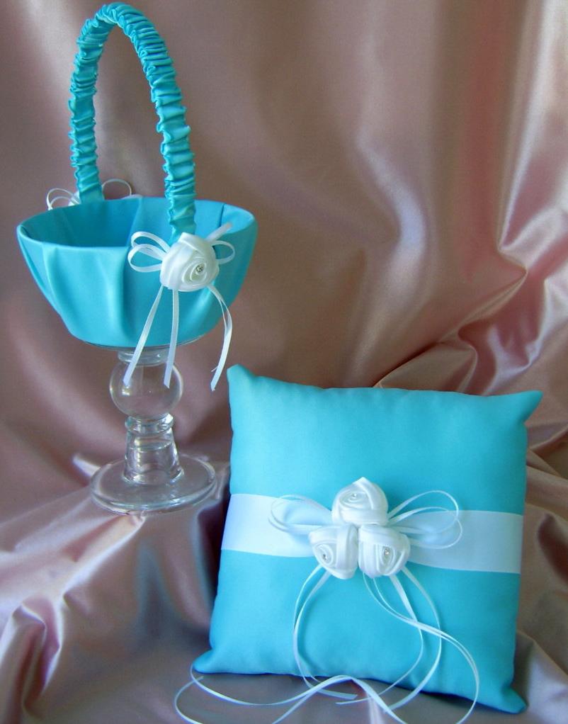 Tiffany Blue Wedding Color, Flower Girl Basket and Ring Bearer Pillow Set,