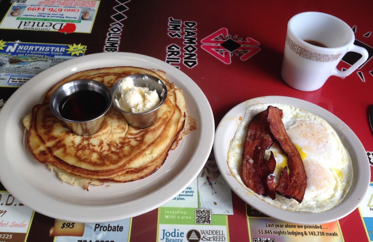 The 2-2-2 Breakfast. Two eggs, two bacon, two GF pancakes.