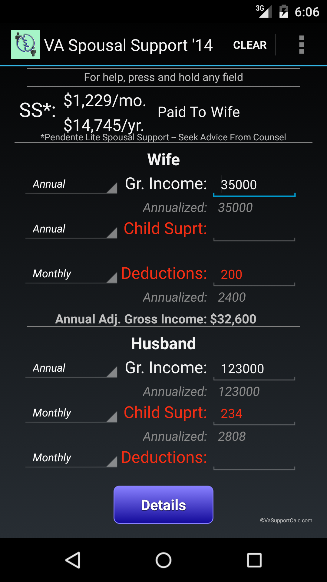 Android application Virginia Spousal Support 2014 screenshort