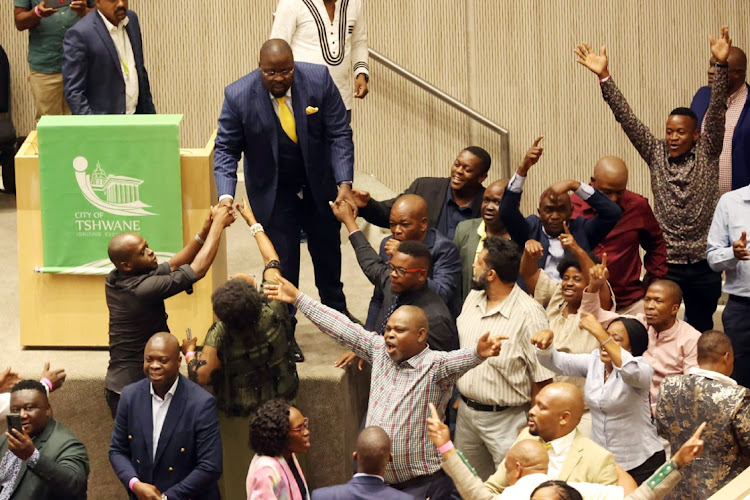 Tshwane councillors celebrating the election of late Murunwa Makwarela as mayor in February 2023 before the legal debacle started.