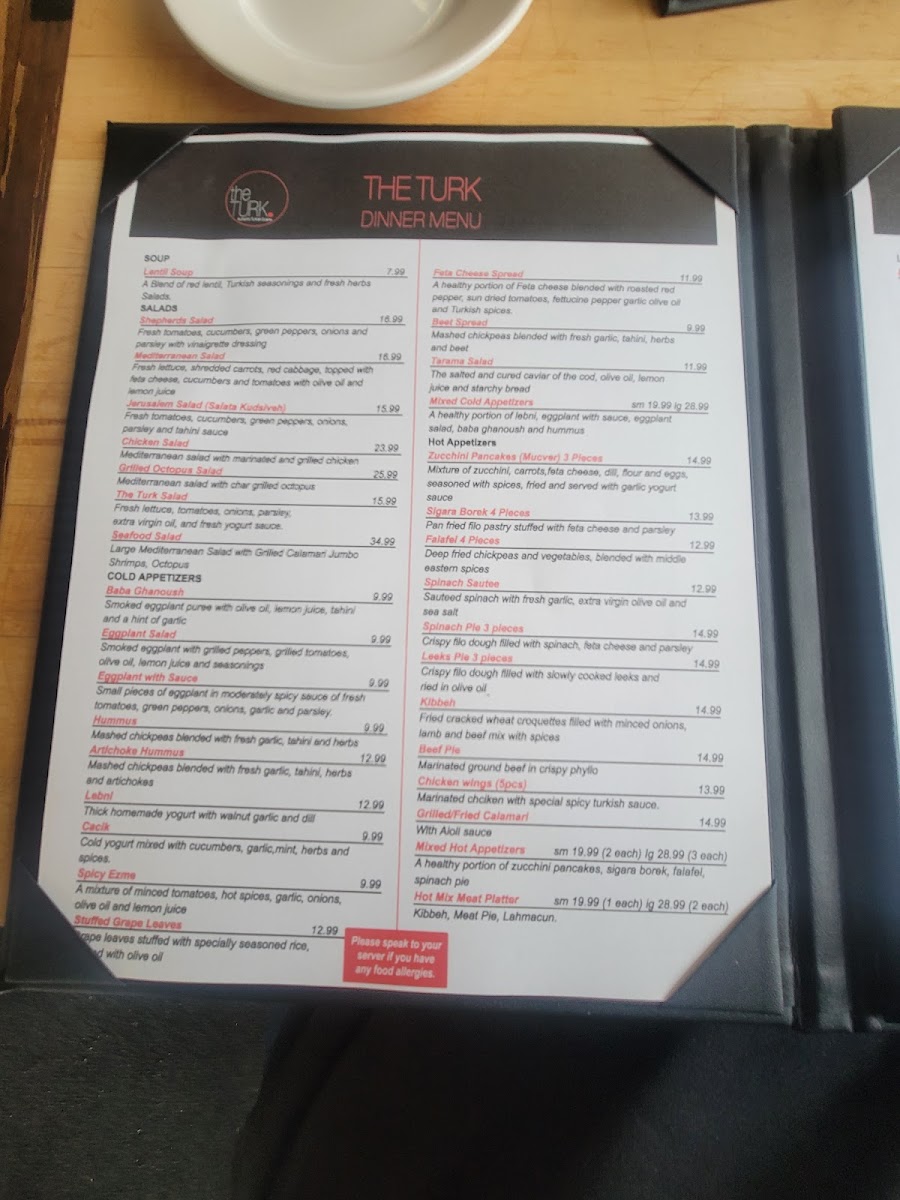 The Turk gluten-free menu