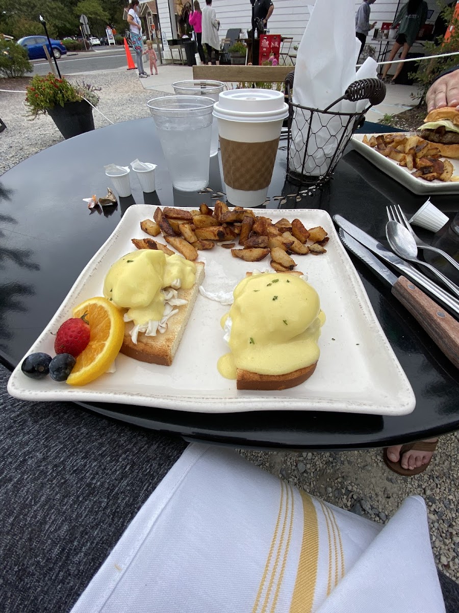 Breakfast Crab Benedict on gluten free bread.