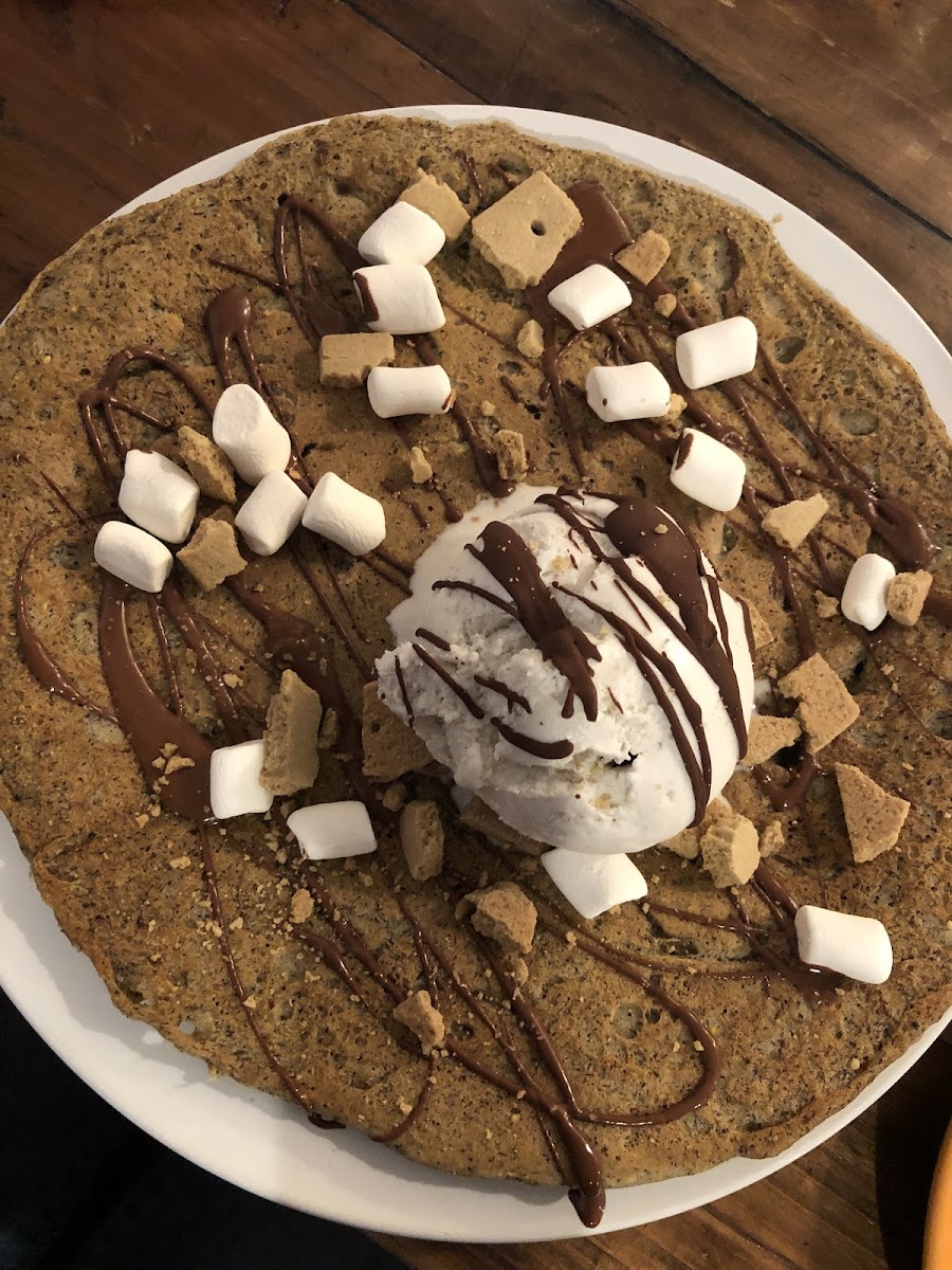 Vegan chocolate s’mores pancake with vegan ice cream