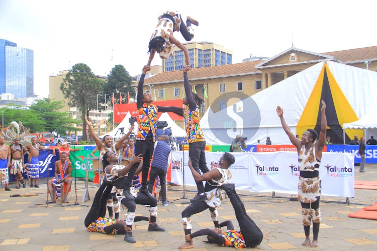 Accrobats entertain guests at KICC, Nairobi ahead of WRC Safari Rally Kenya flag-off on March 28, 2024