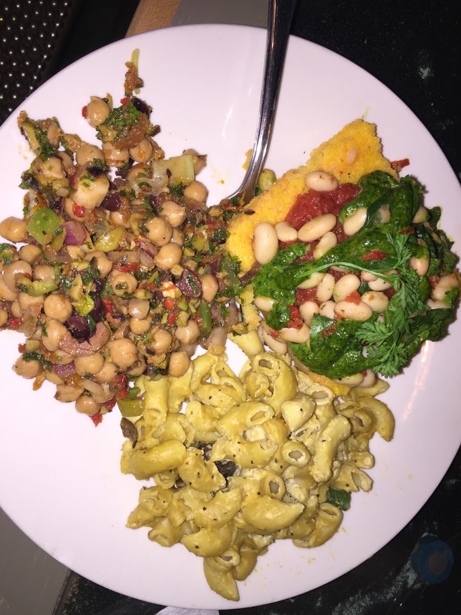 GF mac n cheese, chickpea salad, and polenta pesto. Yum!! They have a 3 side platter. So good!!