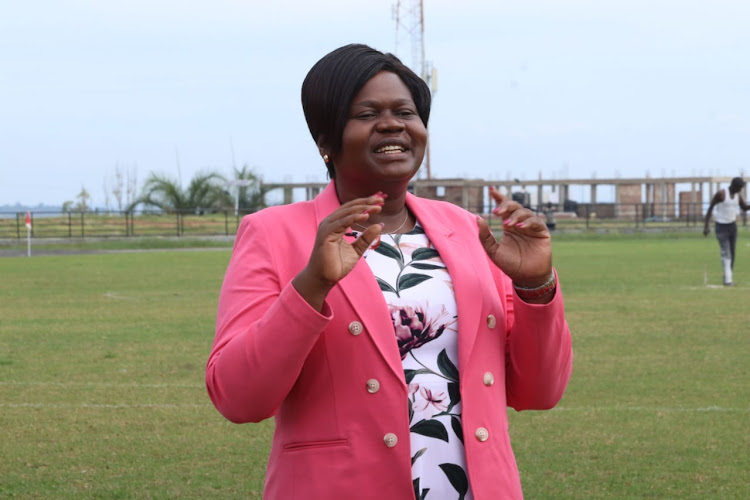 Homa Bay Governor Gladys Wanga speaks at Raila Odinga stadium in Homa Bay town on April 6,2024