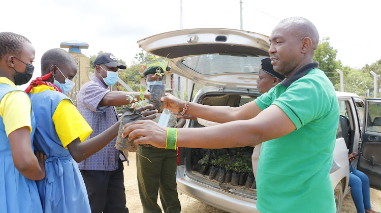 NGO We The Trees chief executive Francis Kavisu distributes tree seedlings for planting to pupils at Kakumuti Primary school in Kitui West on Saturday, June 5, 2021
