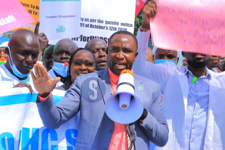 The Kenya Union of Clinical Officers (KUCO) SG George Gibore speaking during demonstrations on April 8, 2024.