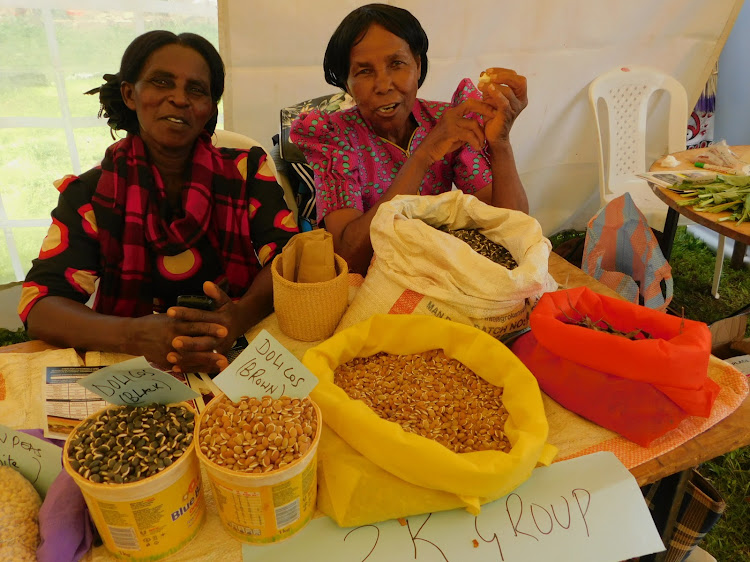 Farmers display organic food during an exhibition in Kilimambogo, Thika East.