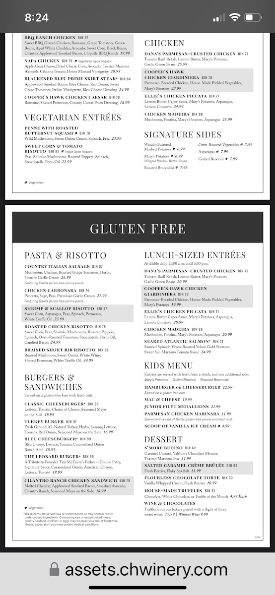 Cooper's Hawk gluten-free menu