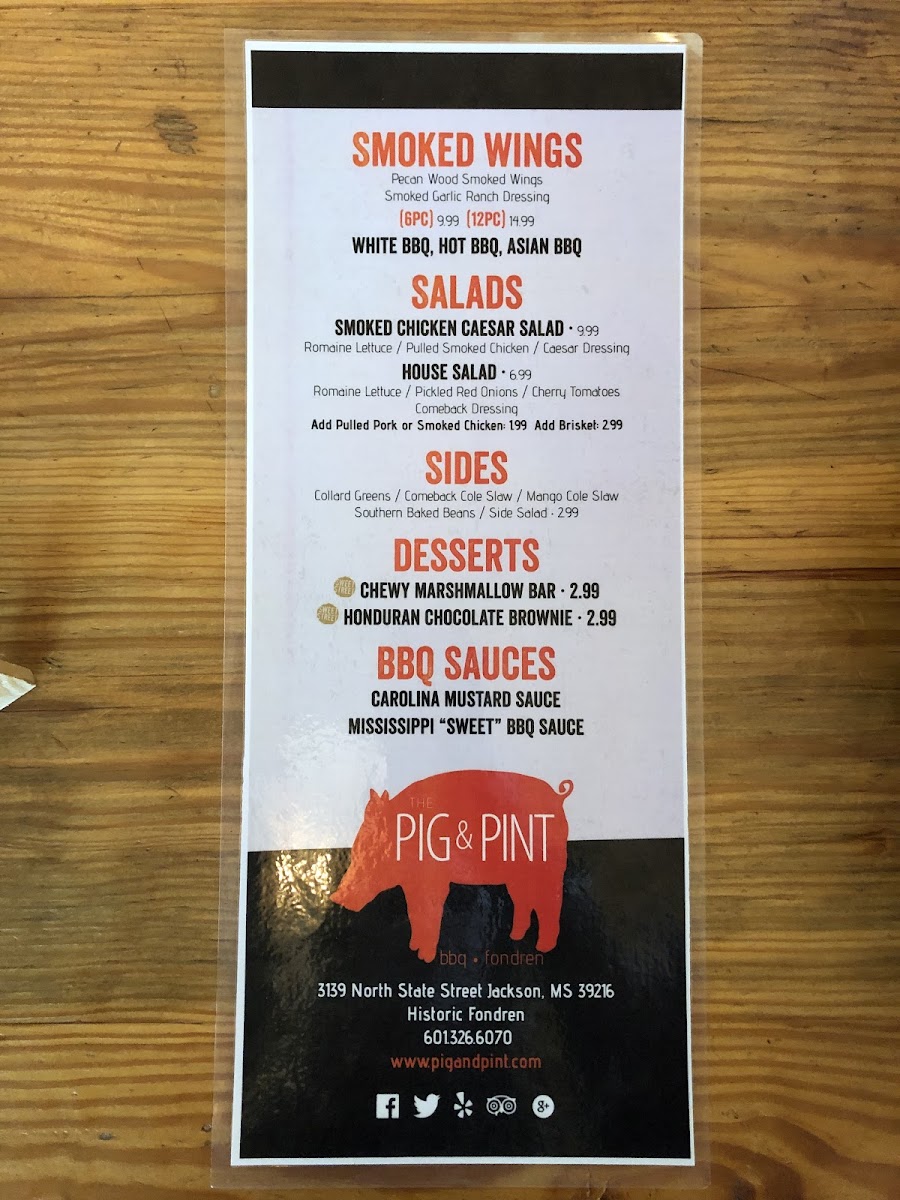 The Pig & Pint gluten-free menu