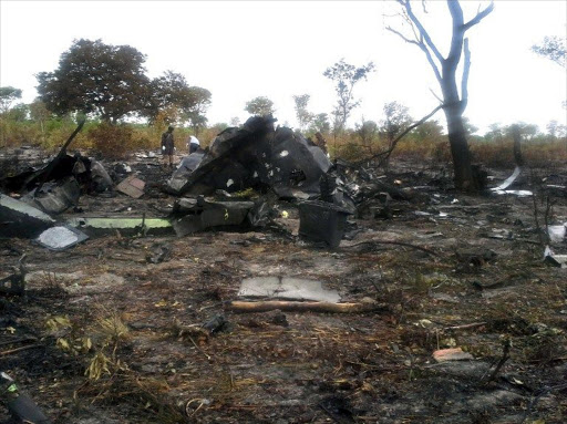 A handout picture released by the Namibian police shows the burnt wreckage of a Mozambican Airlines plane at the site of its crash in Namibia's Bwabwata National Park.