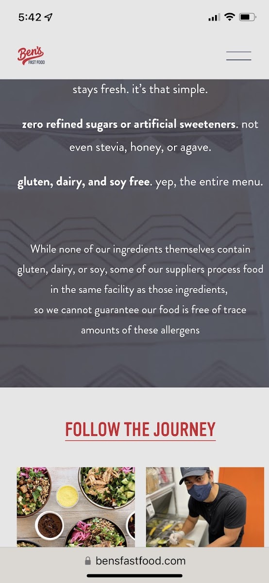 Ben's Fast Food gluten-free menu