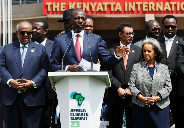 Kenya's President William Ruto, flanked by African leaders, addresses the media after the close of the Africa Climate Summit 2023 at the Kenyatta International Convention Centre in Nairobi, Kenya. Picture: REUTERS/Monicah Mwangi