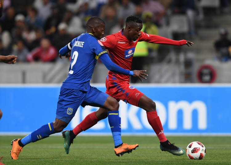 Evans Rusike of SuperSport United and Thamsanqa Mkhize of Cape Town City FC during the Absa Premiership match between Cape Town City FC and SuperSport United at Cape Town Stadium on August 04, 2018 in Cape Town, South Africa.