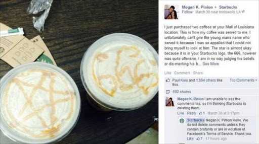 Two cups of Starbucks joe with 'satanic' symbols, which offended a Catholic schoolteacher in the US.