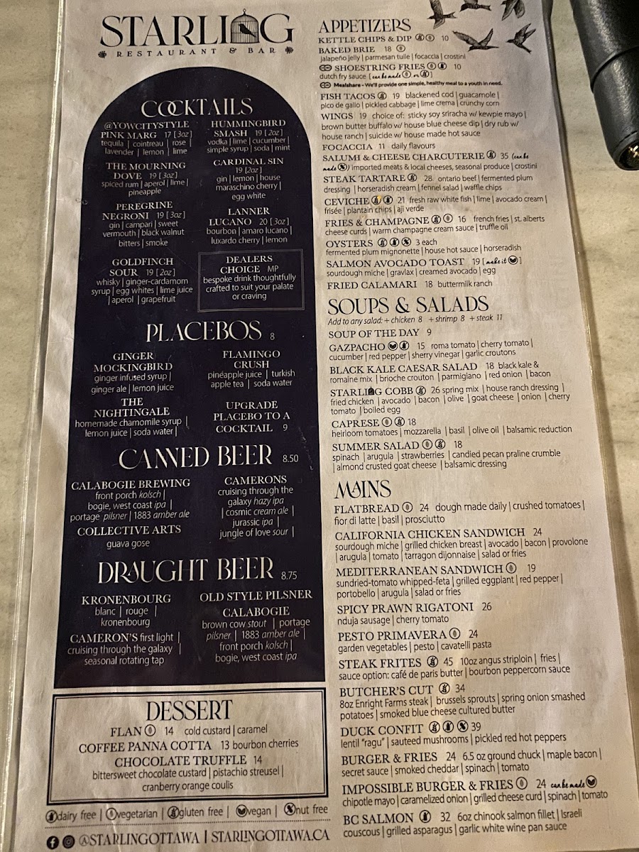 Starling Restaurant and Bar gluten-free menu