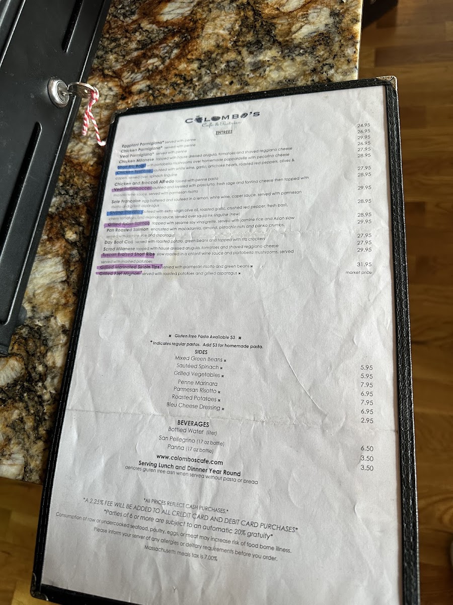 Colombo's Cafe & Pastries gluten-free menu