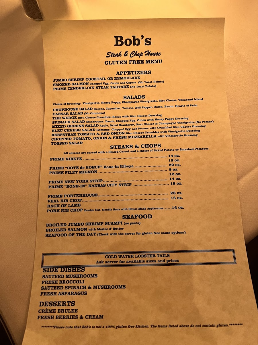 Bob's Steak & Chop House gluten-free menu