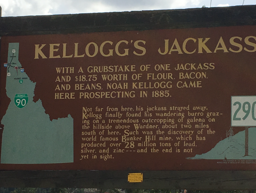 Kellogg's Jackass With a grubstake of one jackass and $18.75 worth of flour, bacon, and beans, Noah Kellogg came here prospecting in 1855. Not far from here, his jackass strayed away.  Kellogg...