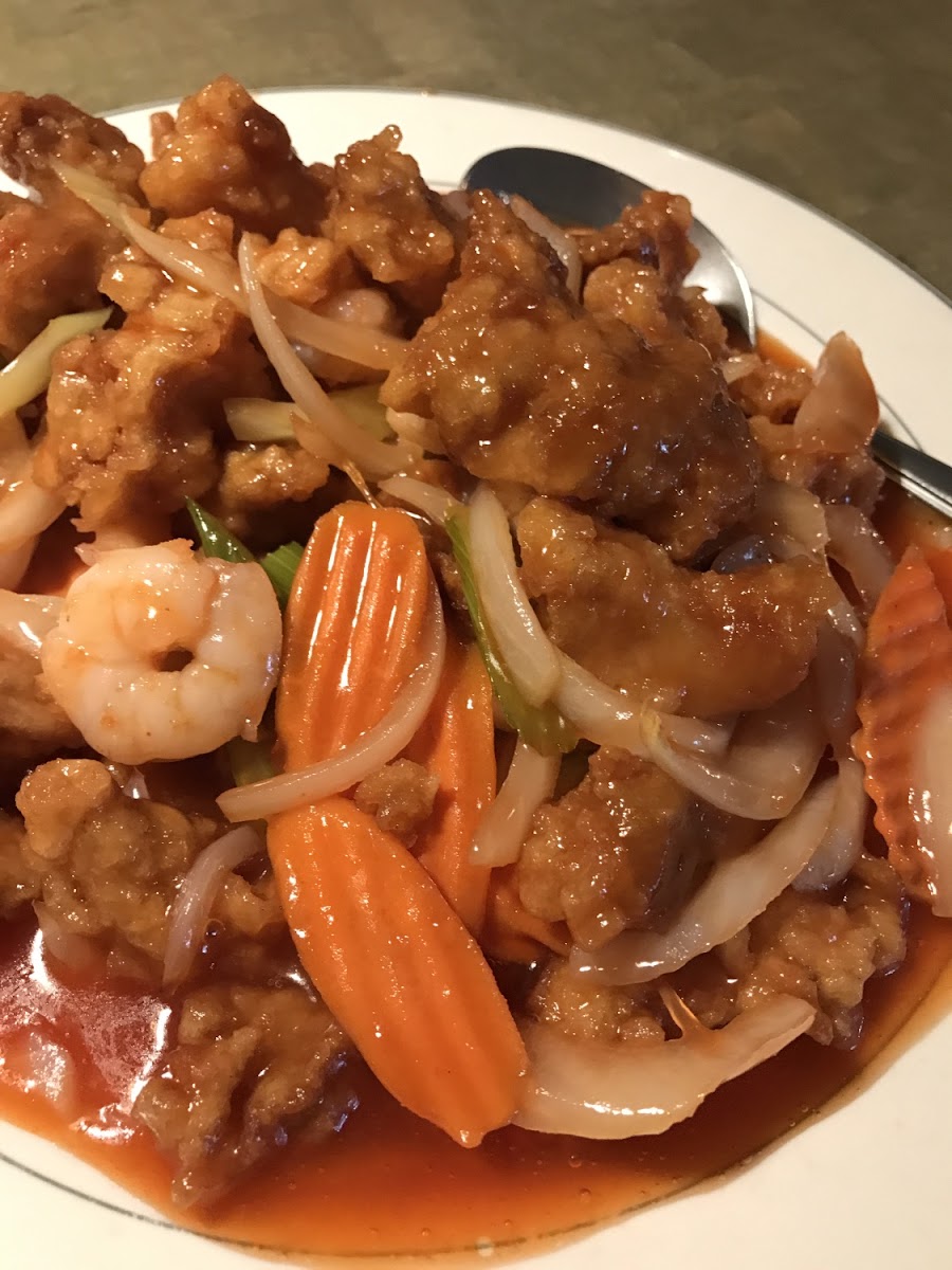 Breaded gluten free sweet and sour chicken!