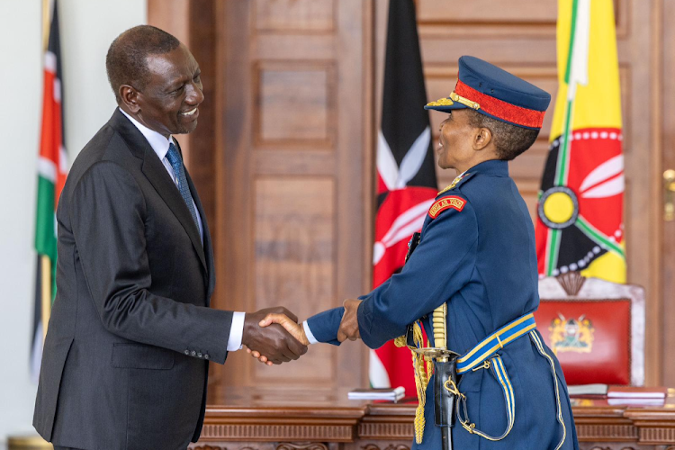 President William Ruto with new Air Force Commander Major General Fatuma Ahmed at State House, Nairobi on May 3, 2024.