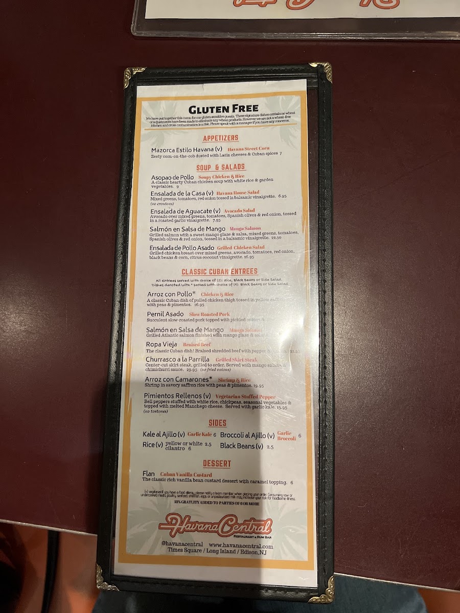 Gluten free menu at the Times Square location