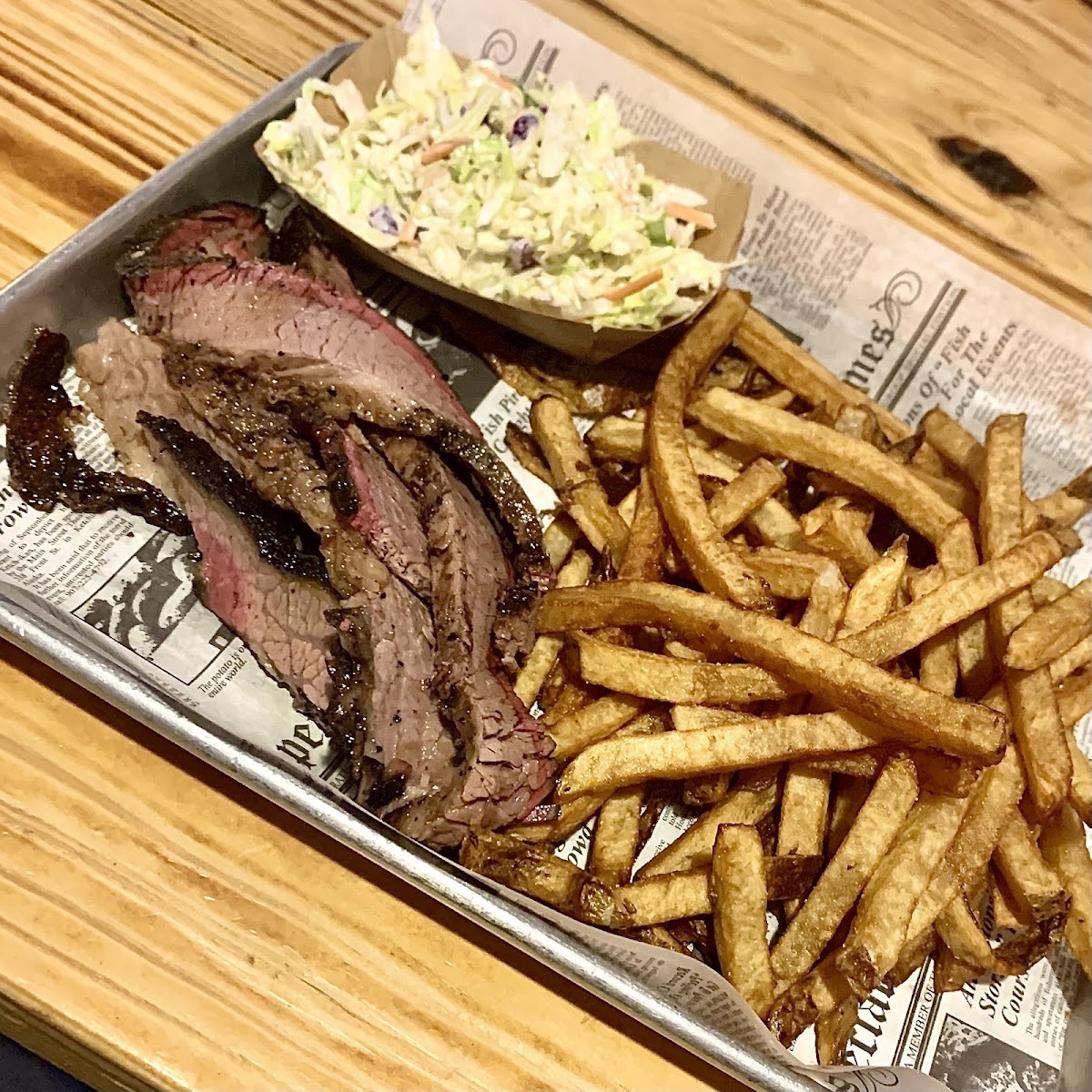 Brisket, french fries, and coleslaw