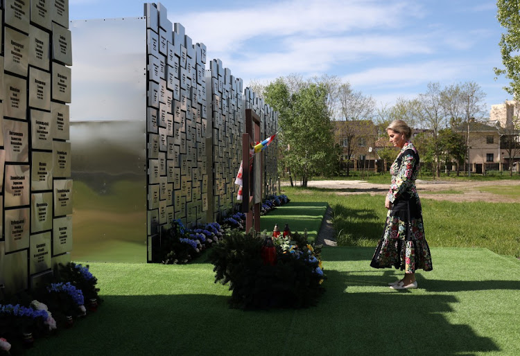 Sophie, Duchess of Edinburgh visits the memorial to the victims of the Russian occupation in the town of Bucha on April 29, 2024 in Bucha, Ukraine.