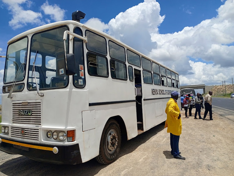 A bus parked by the roadside during the road safety compliance checks by NTSA and police along Nairobi-Mombasa highway on March 27, 2024.